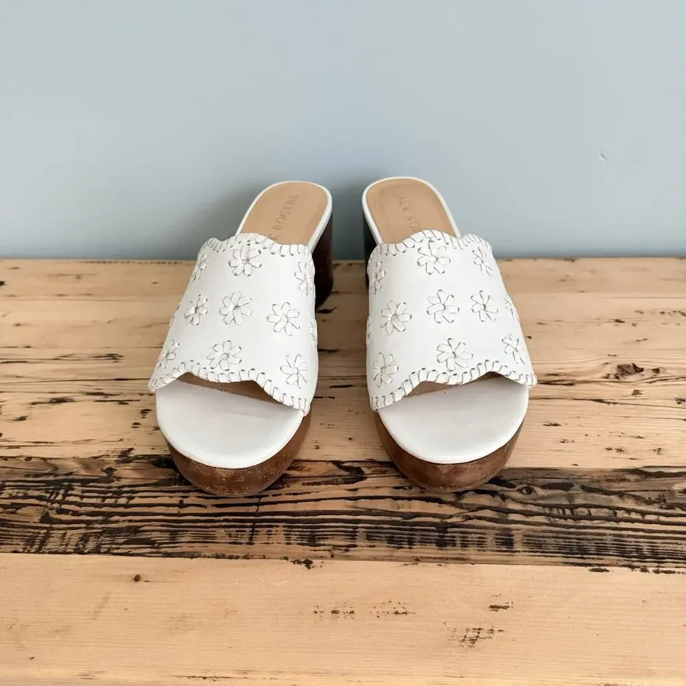 Jack Rogers Wedge Sandals 9 White Leather Wood Heel Brazil Summer Resort